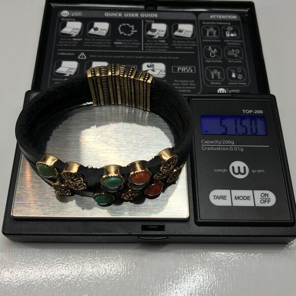 VTG Barse Black Leather Semi Precious Stone Accent Multi Strand Cuff Bracelet - Picture 4 of 14